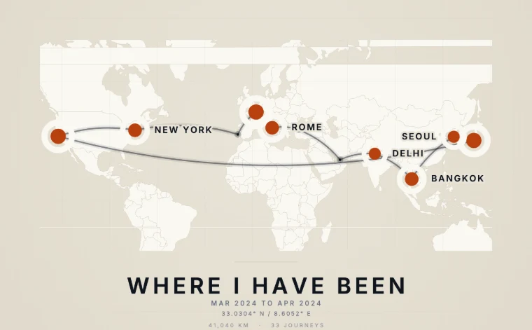 A route poster drawn by the Timeline Reader: flights between New York, Rome, Delhi, Bangkok and Seoul traced over a world map, titled Where I Have Been.